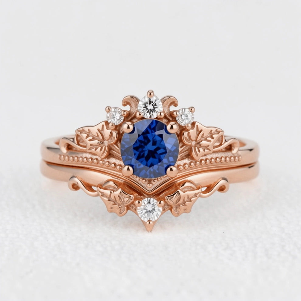 Ivy’s Wreath | Round Blue Sapphire & Diamond Vintage Bridal Set 2pcs.