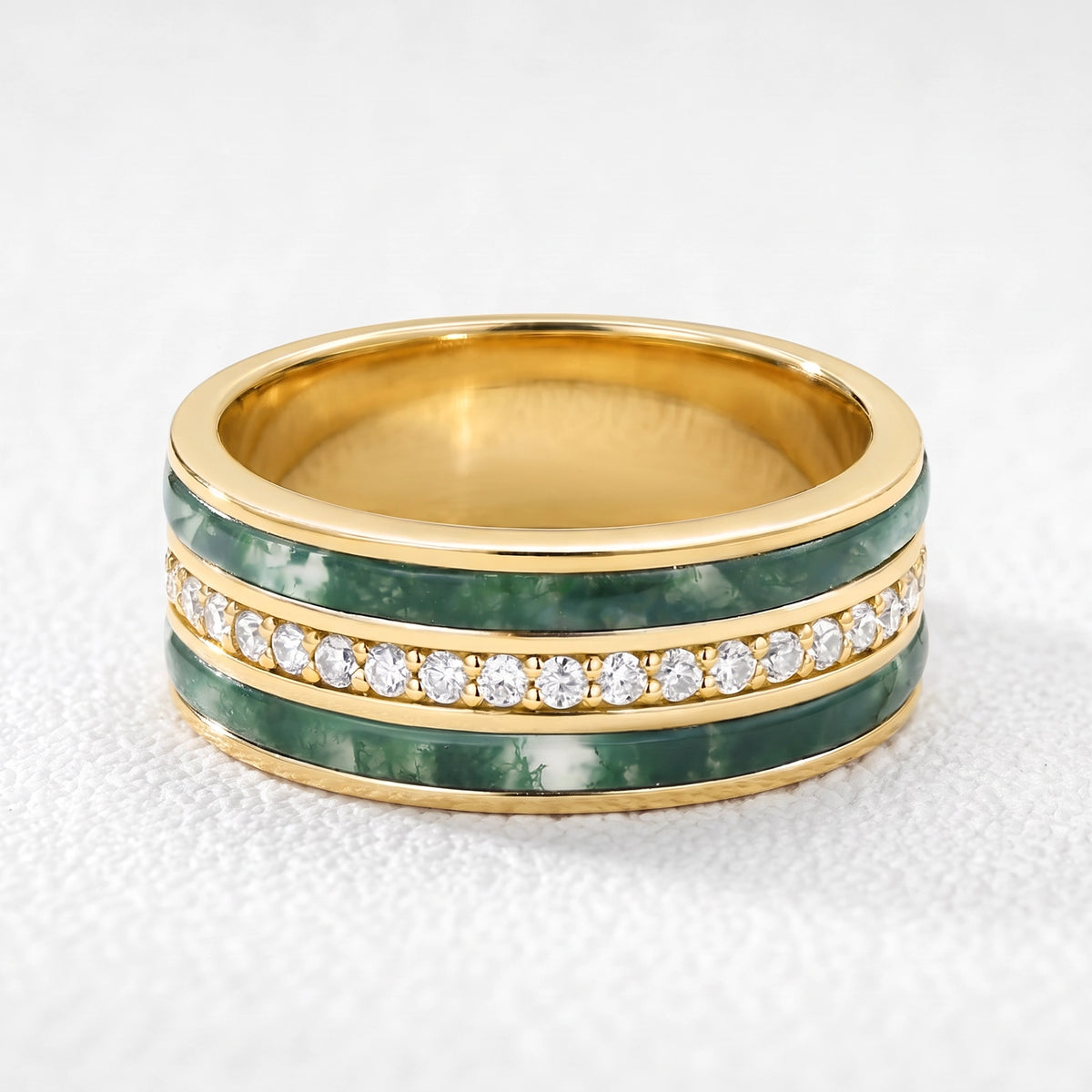 Isolde’s Enclave  | Vintage Long Hexagon Moss Agate & Moissanite Couple Ring Set 3pcs