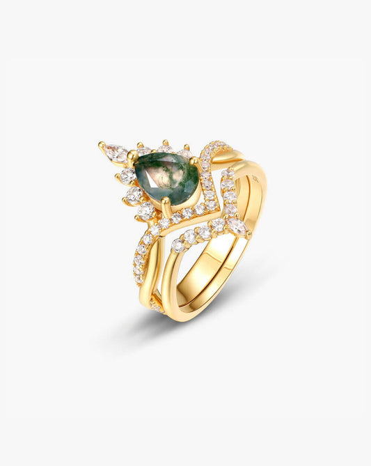 Pear Stack Moss Agate Leaf Engagement Ring