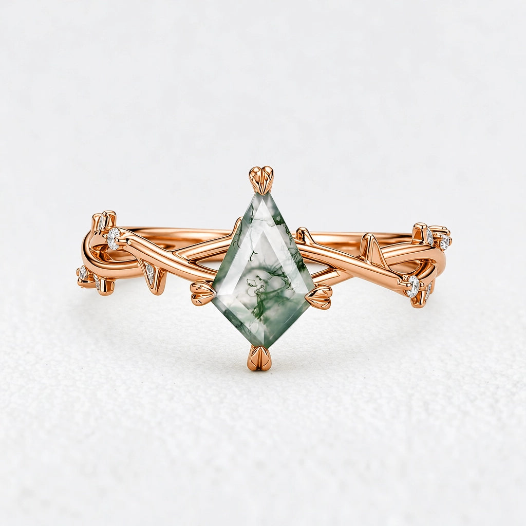 Sylvie’s Essence | Kite Cut Moss Agate Vine Engagement Ring