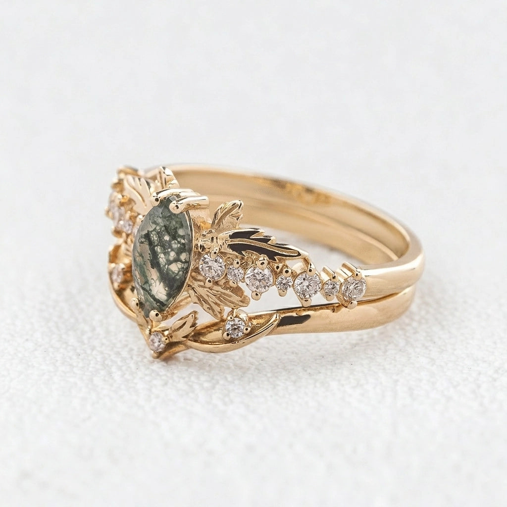 Aurora’s Moss Wing | Marquise Moss Agate Vintage Bridal Set 2pcs.