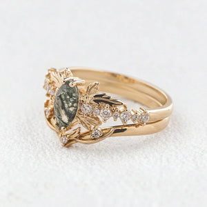 Aurora’s Moss Wing | Marquise Moss Agate Vintage Bridal Set 2pcs.