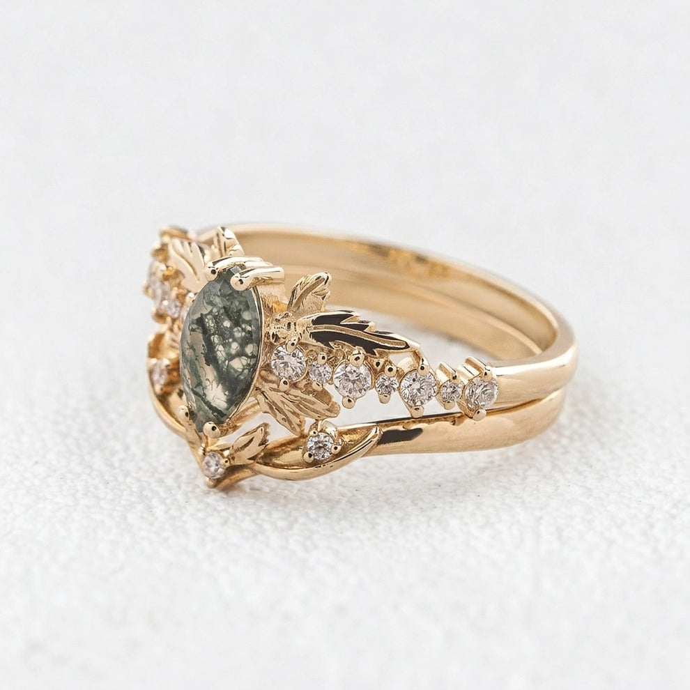 Aurora’s Moss Wing | Marquise Moss Agate Vintage Bridal Set 2pcs.