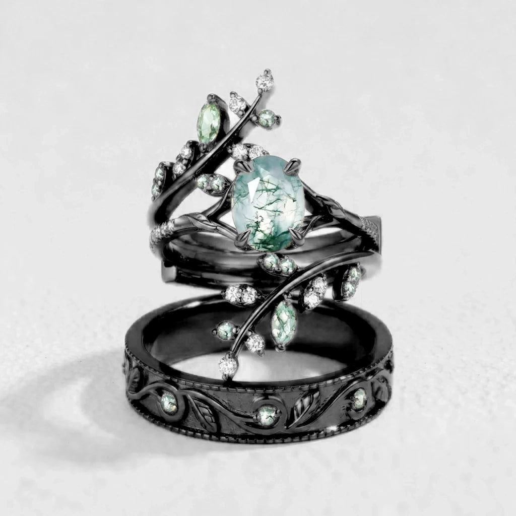 Daphne’s Canopy | Oval Cut Green Moss Agate Cluster Couple Ring Set.
