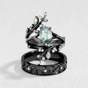 Daphne’s Canopy | Oval Cut Green Moss Agate Cluster Couple Ring Set.