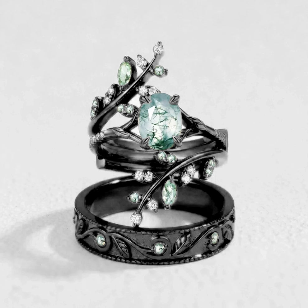 Daphne’s Canopy | Oval Cut Green Moss Agate Cluster Couple Ring Set.