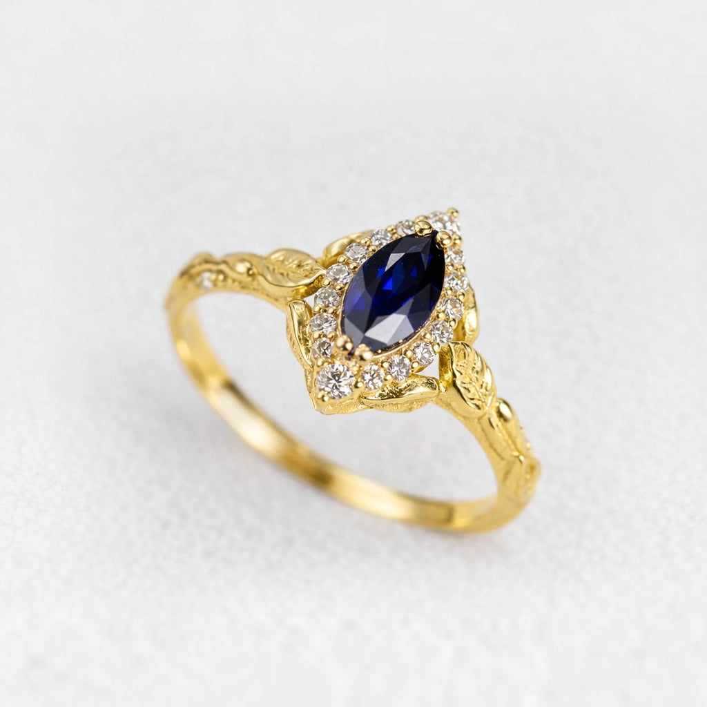 Victoria’s Diadem | Marquise Cut Sapphire & Diamond Halo Bridal Set 2pcs.