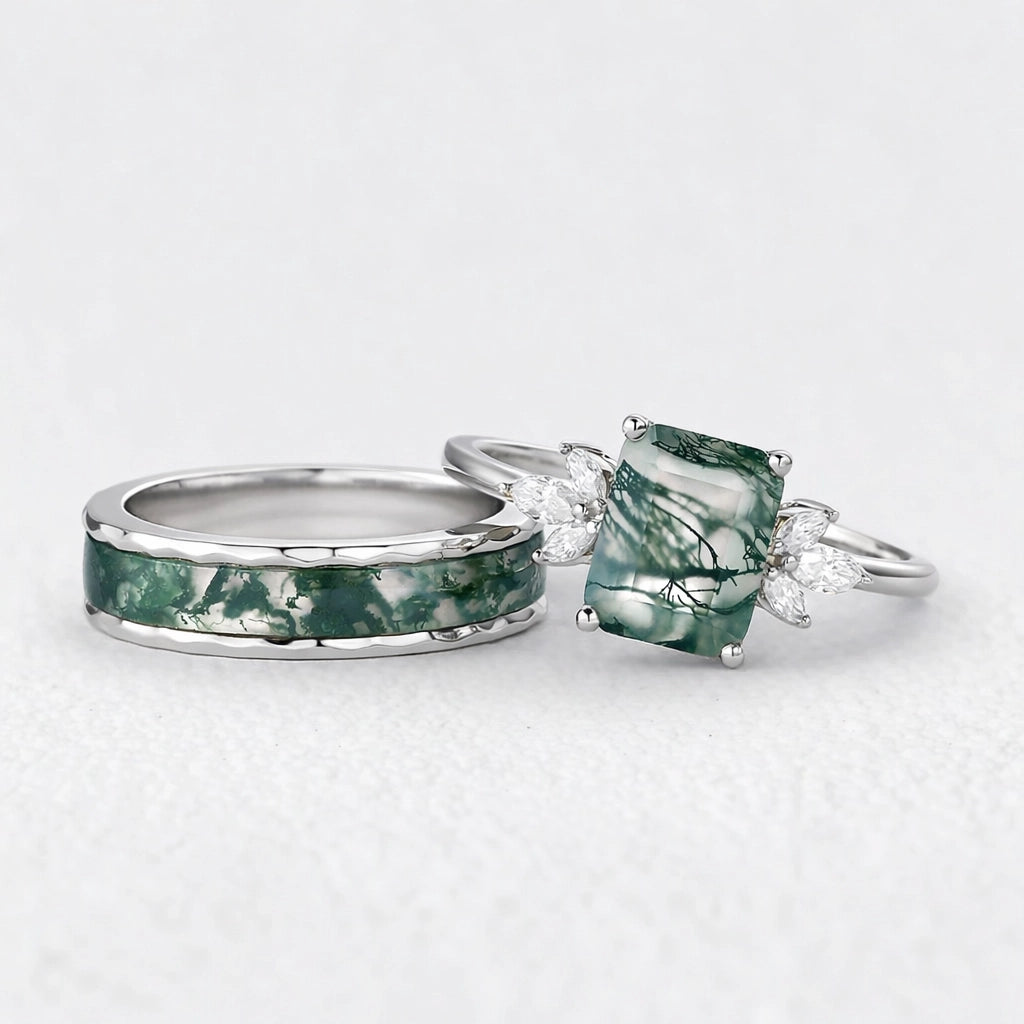 Flora’s Terrace | Emerald Cut Moss Agate Yellow Gold Couple Ring Set 2pcs.