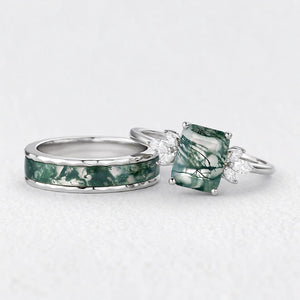 Flora’s Terrace | Emerald Cut Moss Agate Yellow Gold Couple Ring Set 2pcs.