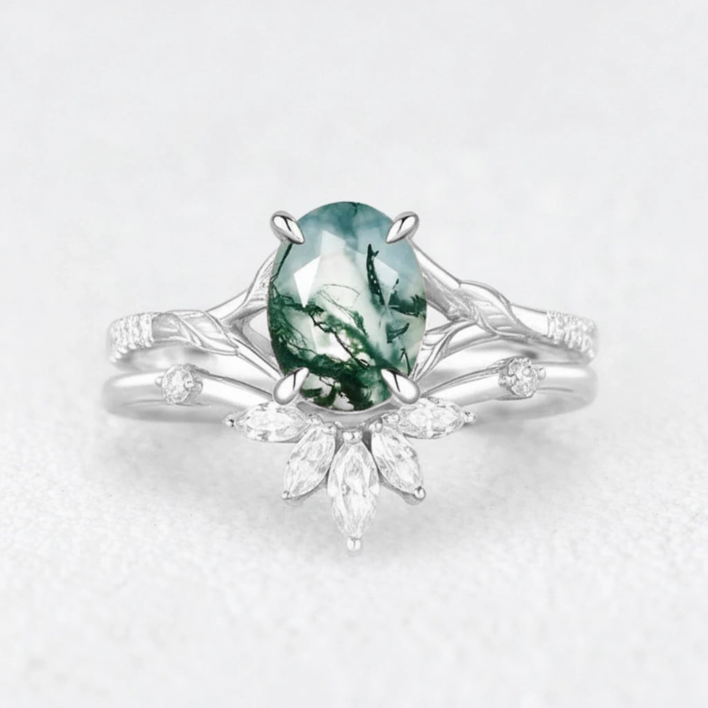 Zinnia’s Meadow | Oval Cut Moss Agate Leafy Gold Couple Ring Set 3pcs.