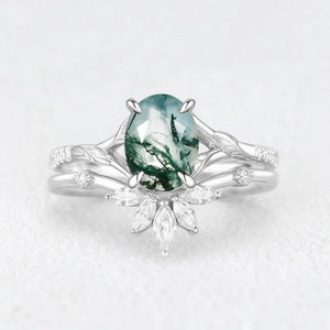 Zinnia’s Meadow | Oval Cut Moss Agate Leafy Gold Couple Ring Set 3pcs.