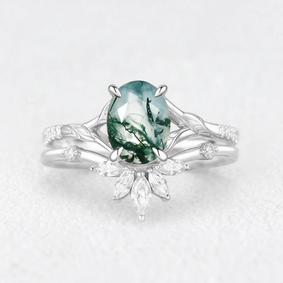 Zinnia’s Meadow | Oval Cut Moss Agate Leafy Gold Couple Ring Set 3pcs.