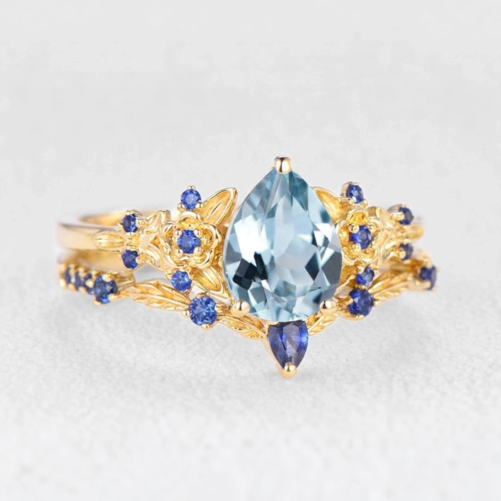 Isolde’s Tide | Vintage Pear Aquamarine & Sapphire Floral Bridal Set 2pcs.