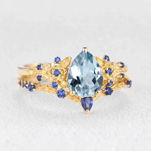 Isolde’s Tide | Vintage Pear Aquamarine & Sapphire Floral Bridal Set 2pcs.