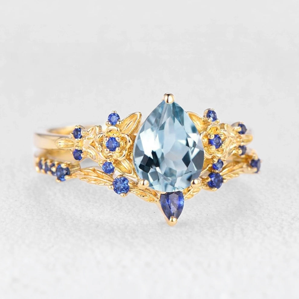 Isolde’s Tide | Vintage Pear Aquamarine & Sapphire Floral Bridal Set 2pcs.