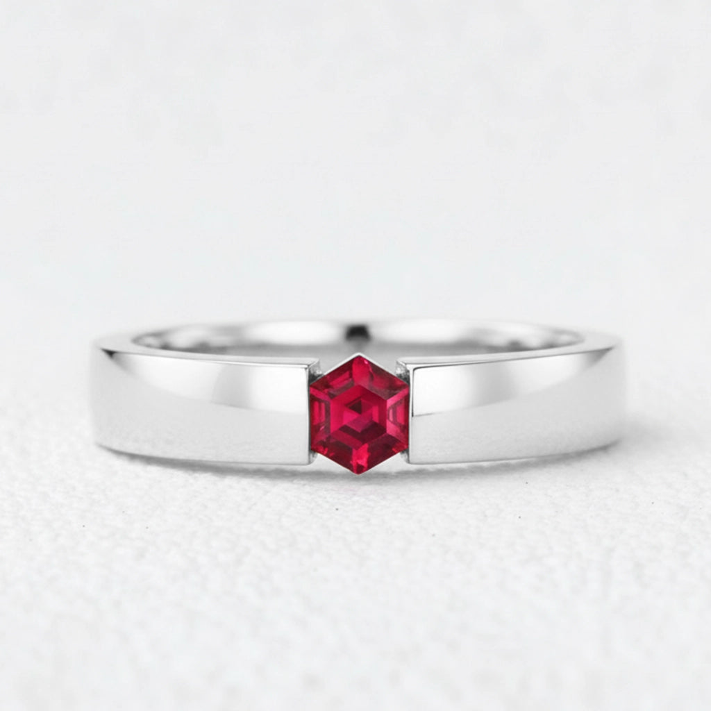 Ruben’s Hexagon | Ruby Tension Set Men's Wedding Band.