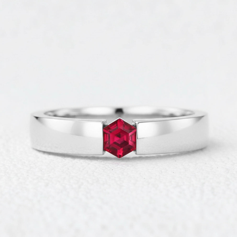 Ruben’s Hexagon | Ruby Tension Set Men's Wedding Band.