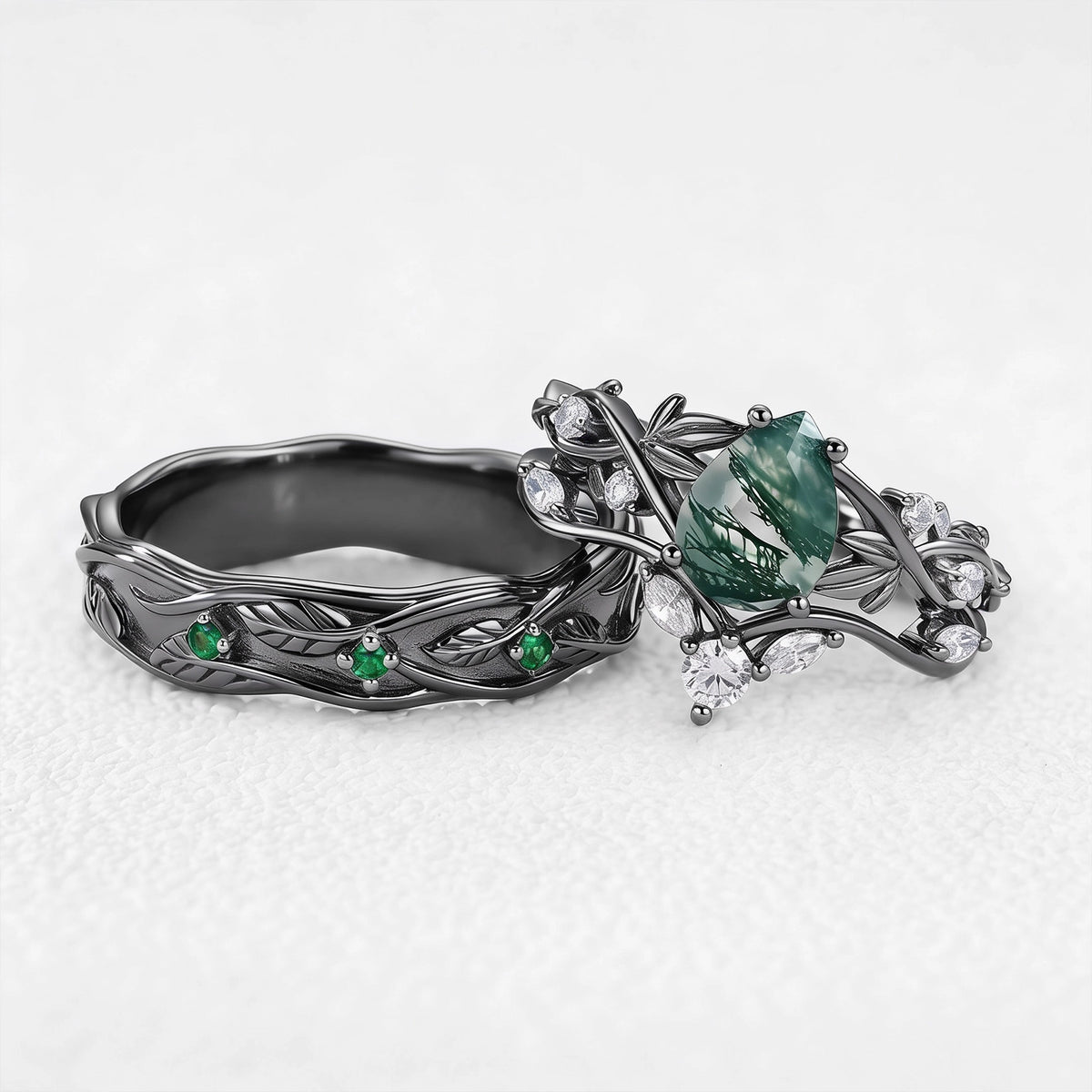 Sylvie’s Laurel | Pear-Cut Moss Agate Foliage Couple Ring Set 3pcs