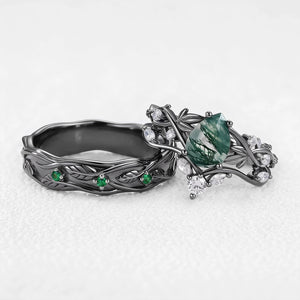 Sylvie’s Laurel | Pear-Cut Moss Agate Foliage Couple Ring Set 3pcs