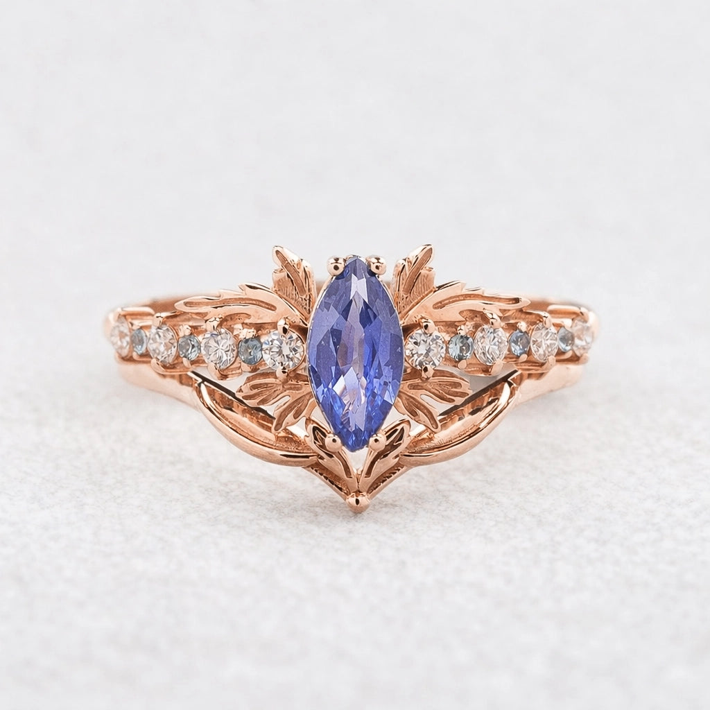 Aurora’s Fairy Wing | Marquise Natural Sapphire Vintage Bridal Set 2pcs.