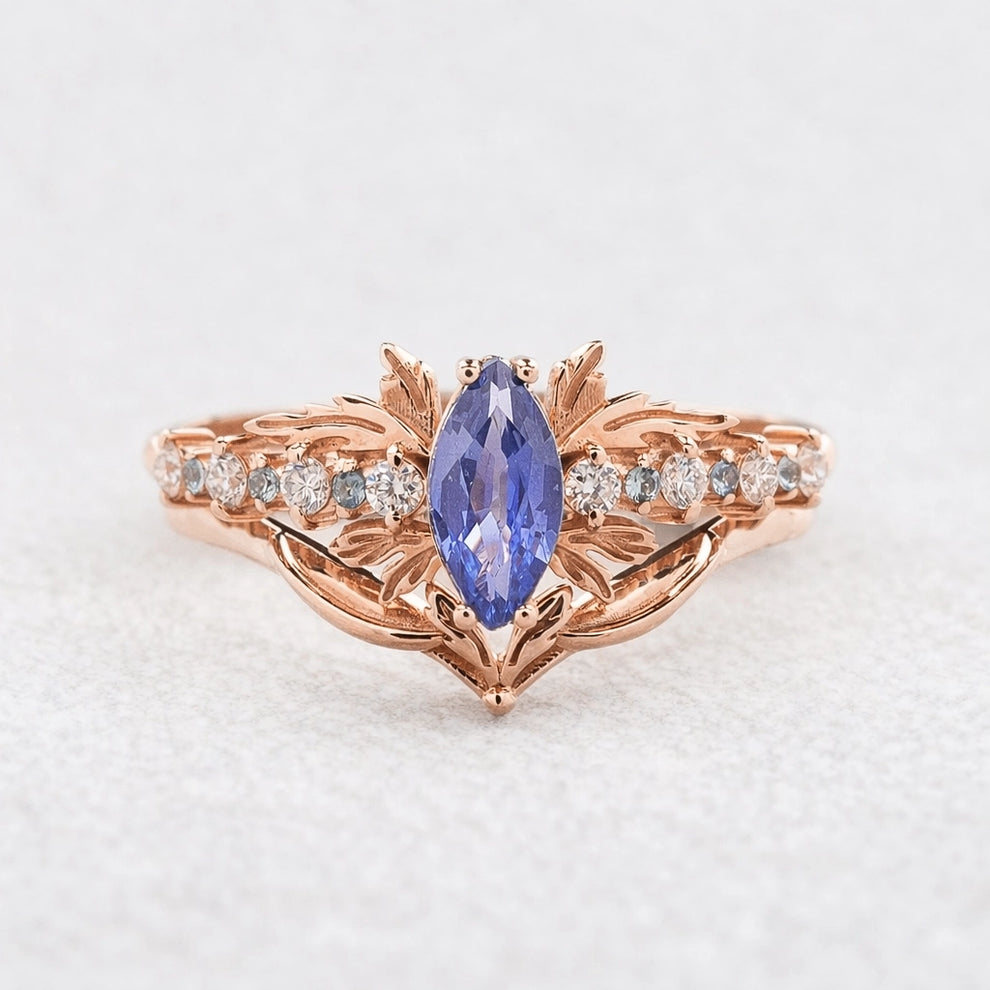 Aurora’s Fairy Wing | Marquise Natural Sapphire Vintage Bridal Set 2pcs.