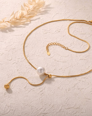Adjustable Gold Pearl Pendant Necklace with Slider Knot Charm