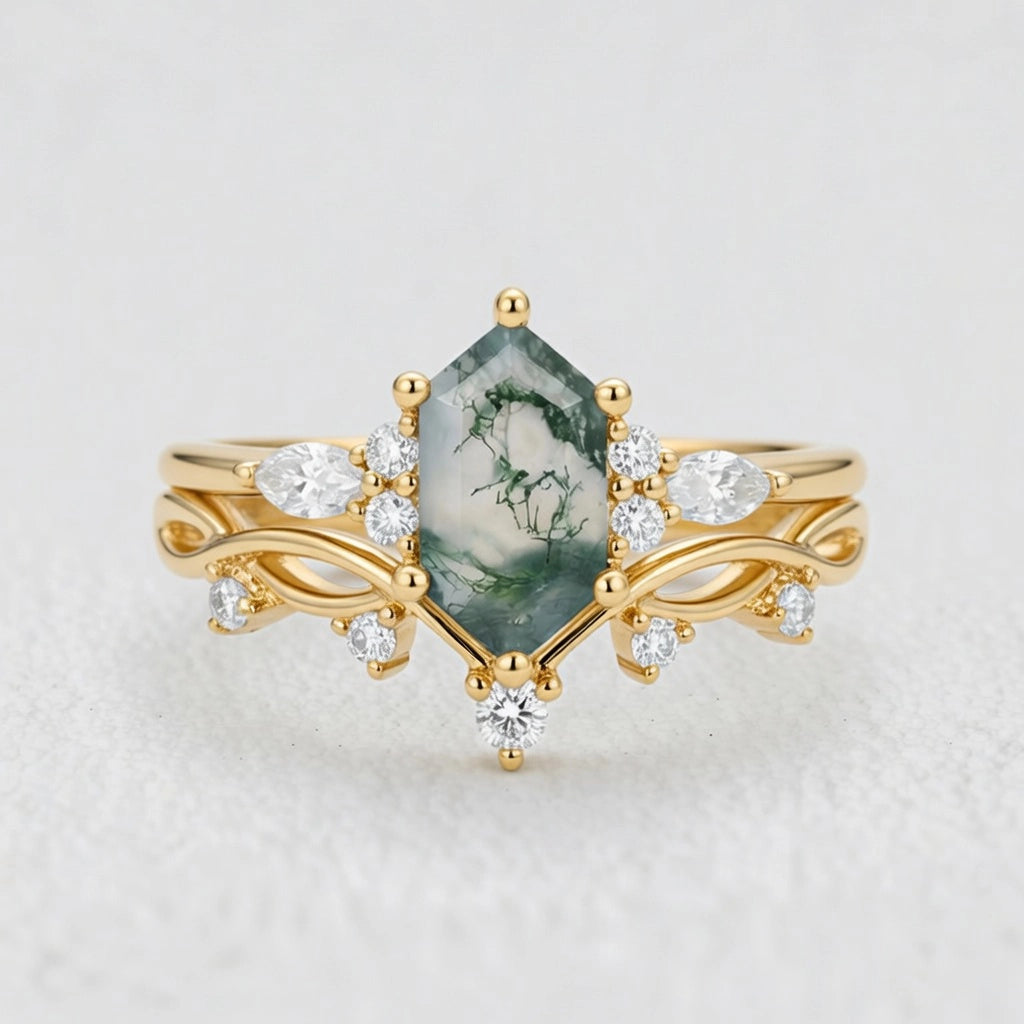 Maia’s Glade | Long Hexagon Moss Agate Leafy Couple Ring Set 3pcs.