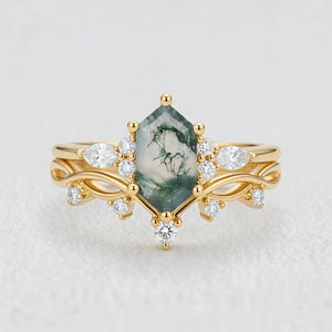 Maia’s Glade | Long Hexagon Moss Agate Leafy Couple Ring Set 3pcs.