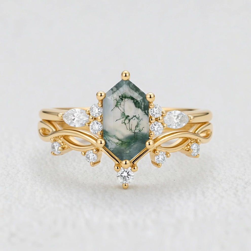 Maia’s Glade | Long Hexagon Moss Agate Leafy Couple Ring Set 3pcs.