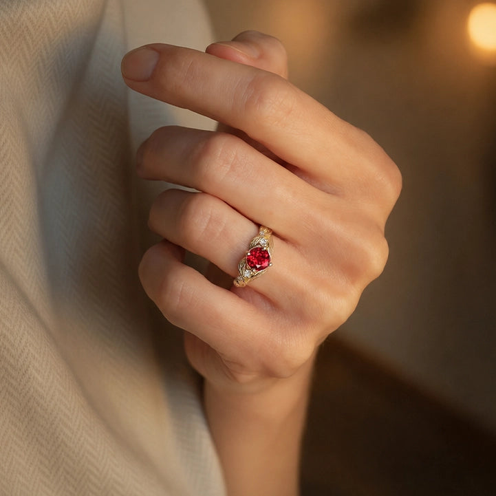 Rosalind’s Olive | Round Ruby Solitaire Ring with Olive Leaf Diamond Accents.