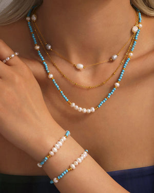 Handcrafted Boho Turquoise & Pearl Beaded necklace