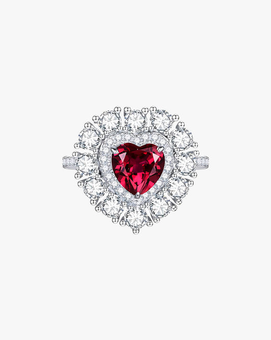 Sparkle Silver Ruby Heart Halo Statement Ring