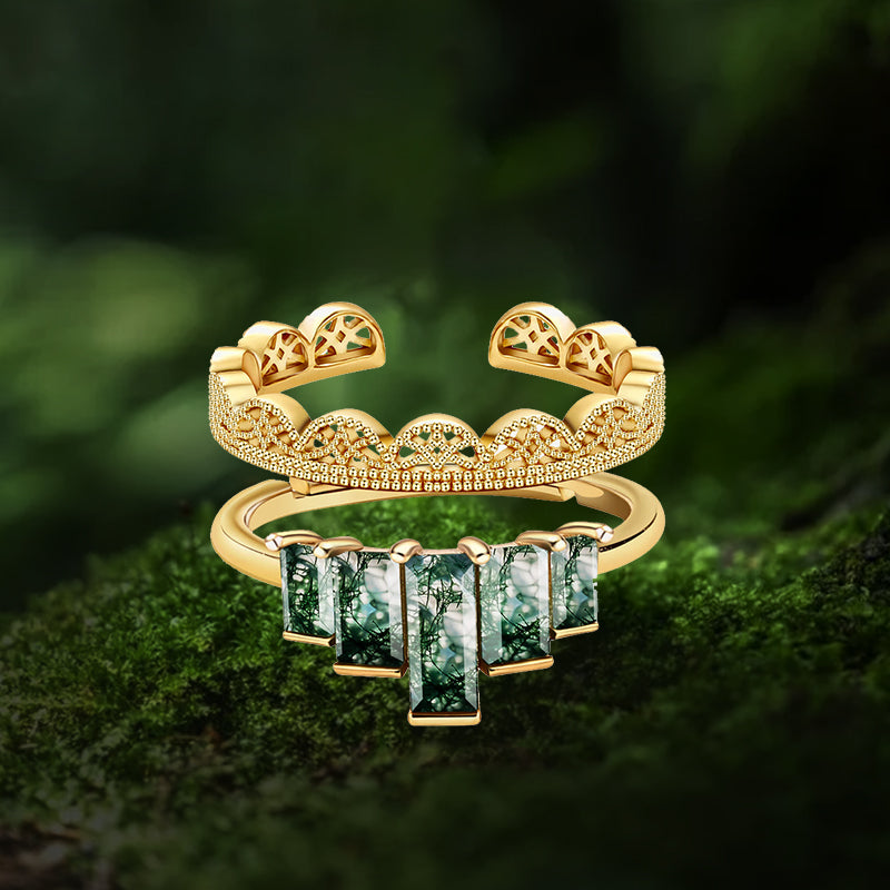 Gold Crown Stack Moss Agate Engagement Ring