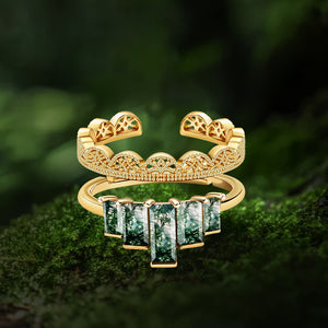 Gold Crown Stack Moss Agate Engagement Ring