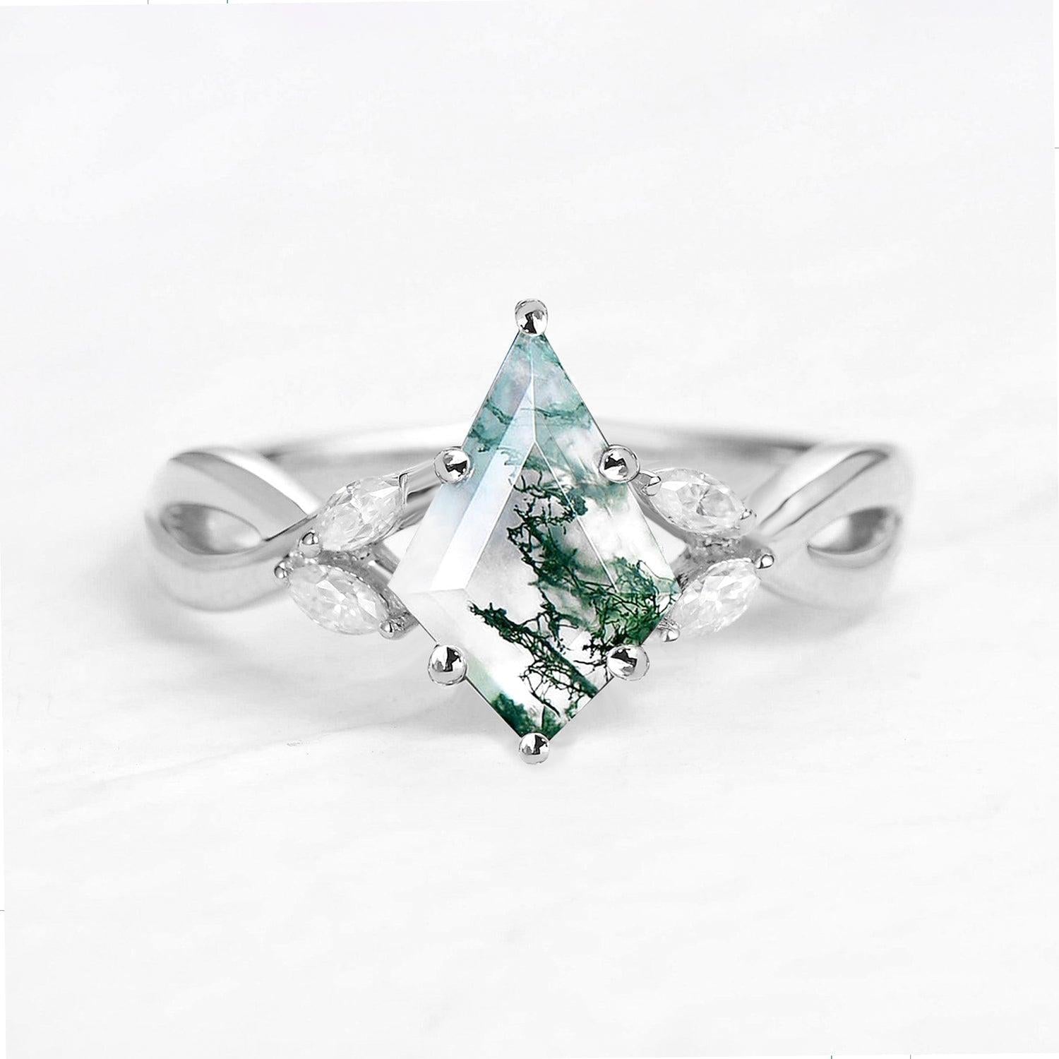 Minimalist Kite Cut Moss Agate Infinity Engagement Ring.