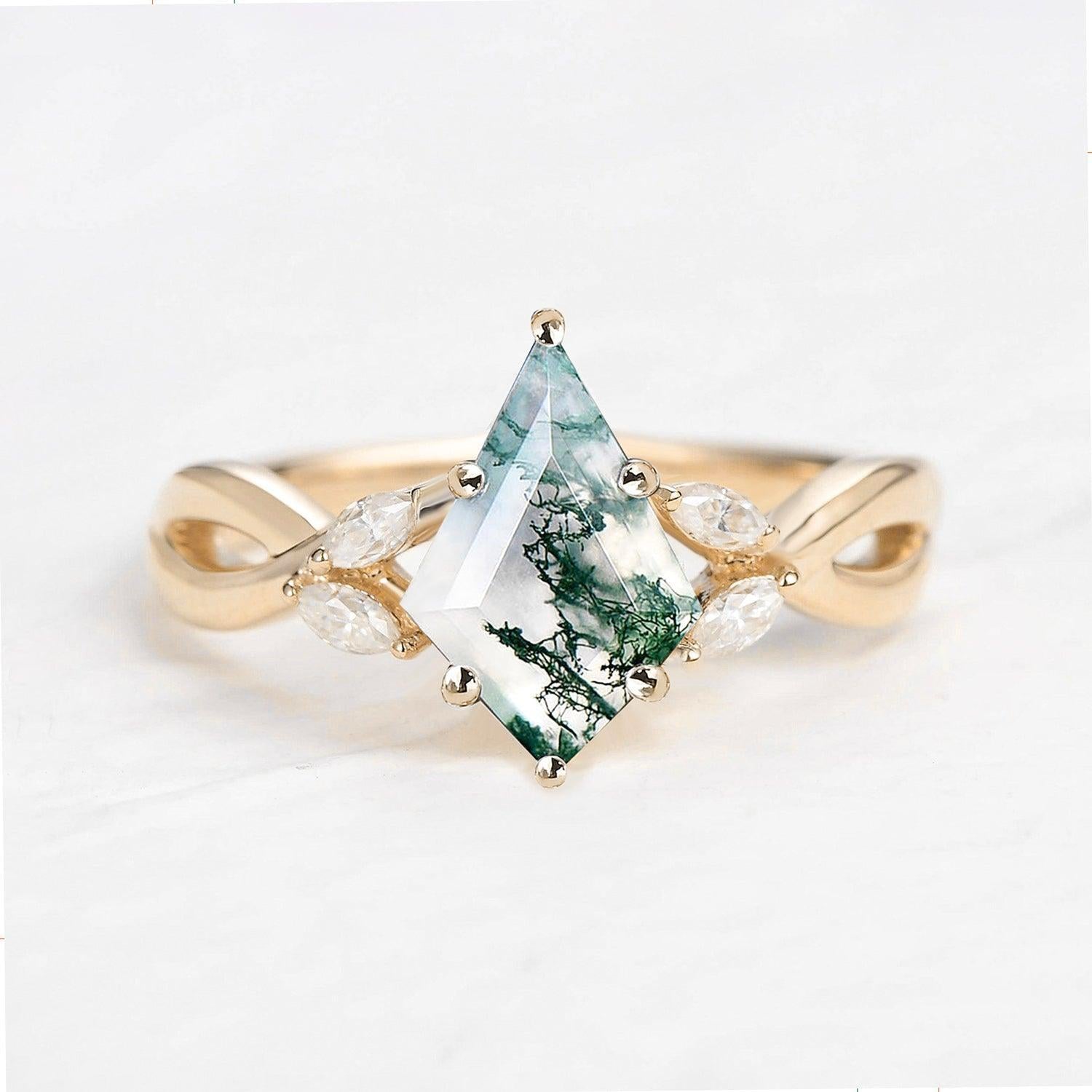 Minimalist Kite Cut Moss Agate Infinity Engagement Ring.