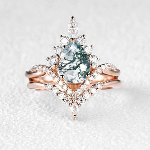 Pear Shaped Moss Agate Infinity Engagement Ring Set 2pcs.