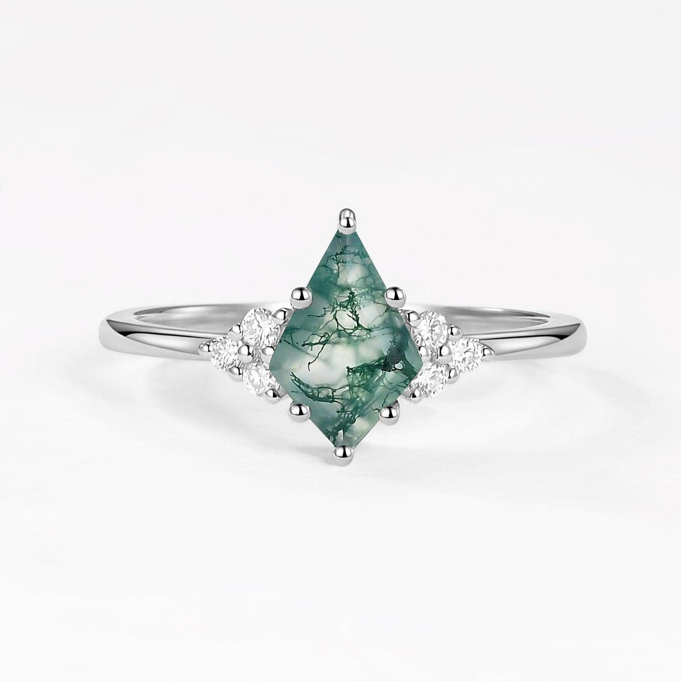 Unique Moss Agate Kite Cut Engagement Ring.