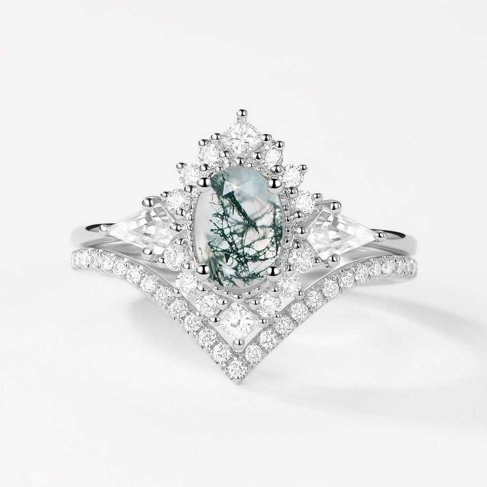 Aadhya Oval Moss Agate Halo Ring Set 2pcs.