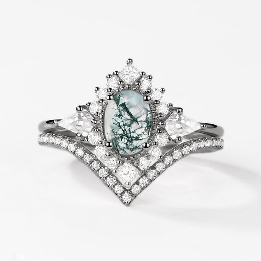 Nyx’s Halo | Black Gold Oval Moss Agate Ring Set 2pcs.