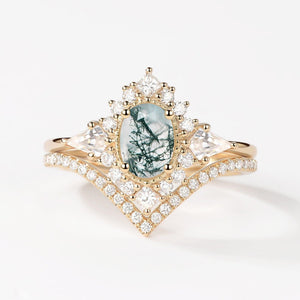 Aadhya Oval Moss Agate Halo Ring Set 2pcs.