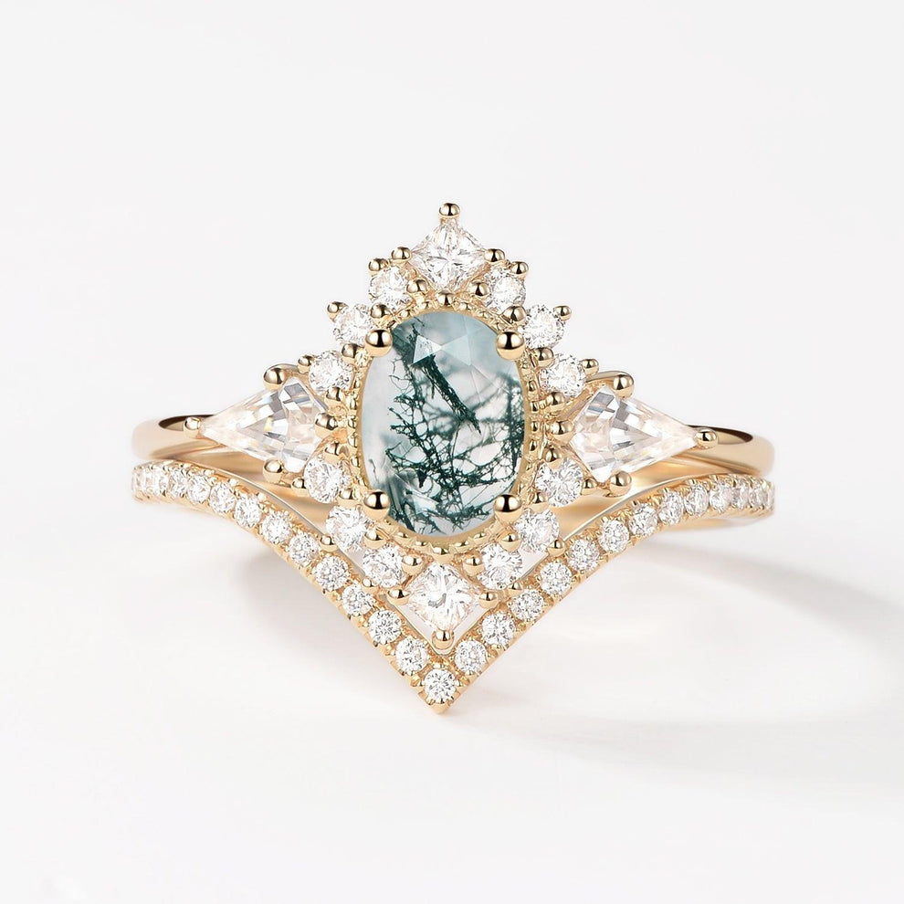 Aadhya Oval Moss Agate Halo Ring Set 2pcs.