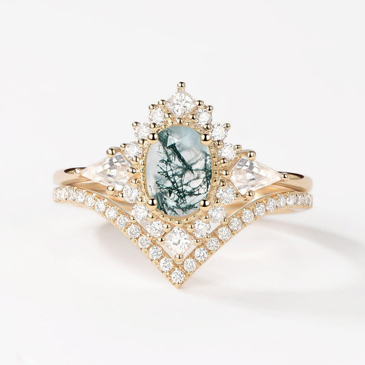 Aadhya Oval Moss Agate Halo Ring Set 2pcs.