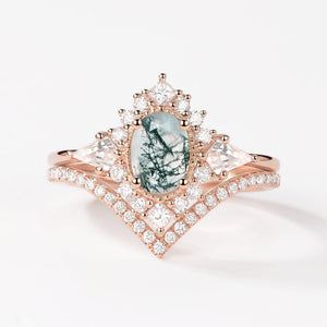 Aadhya Oval Moss Agate Halo Ring Set 2pcs.