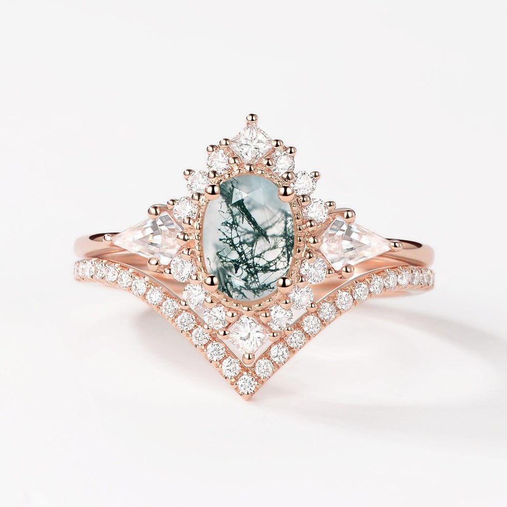 Aadhya Oval Moss Agate Halo Ring Set 2pcs.