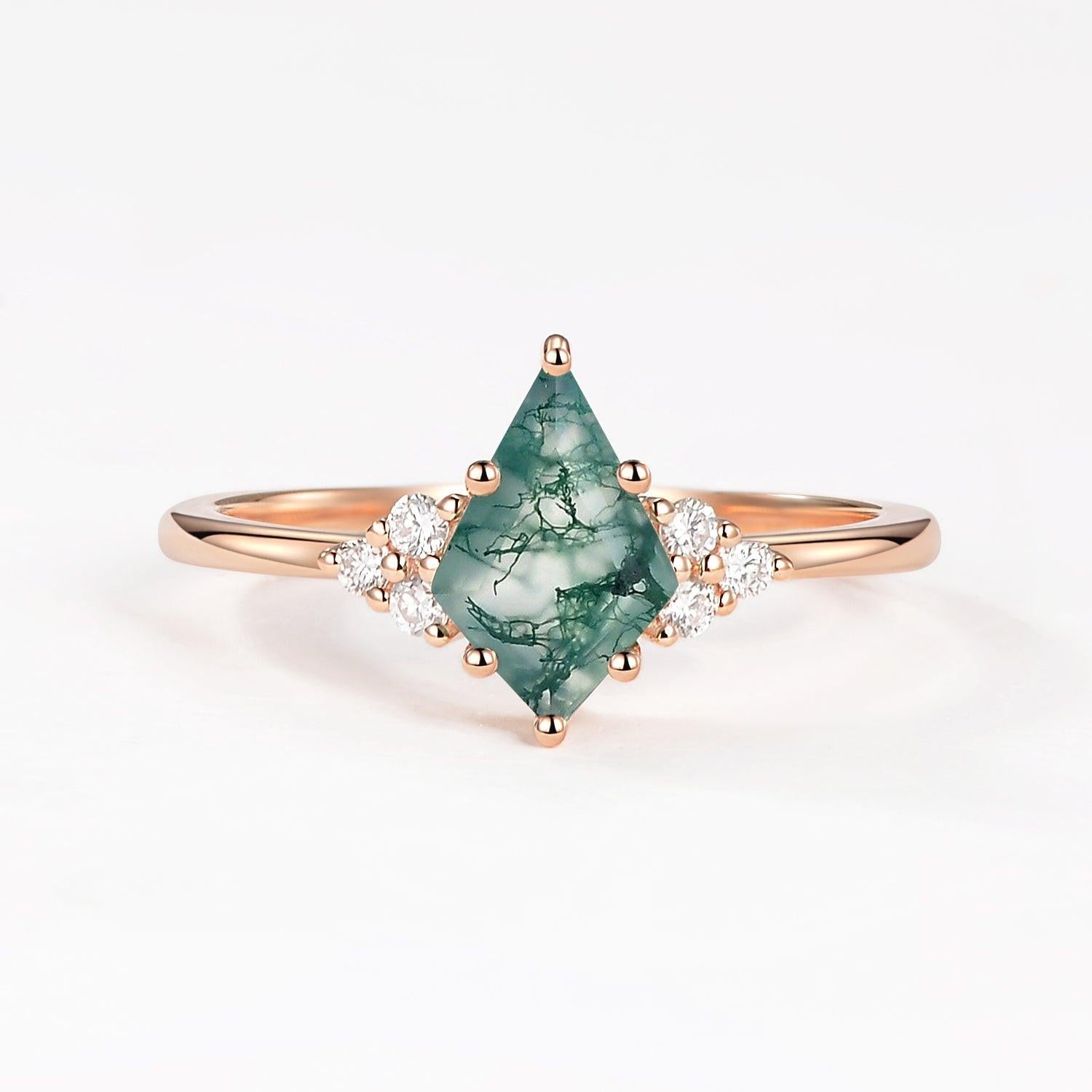 Unique Moss Agate Kite Cut Engagement Ring.