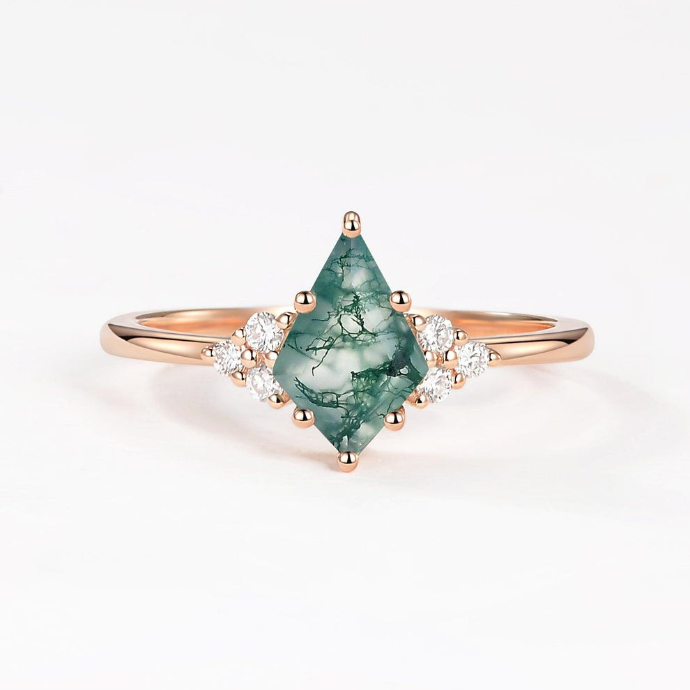 Unique Moss Agate Kite Cut Engagement Ring.
