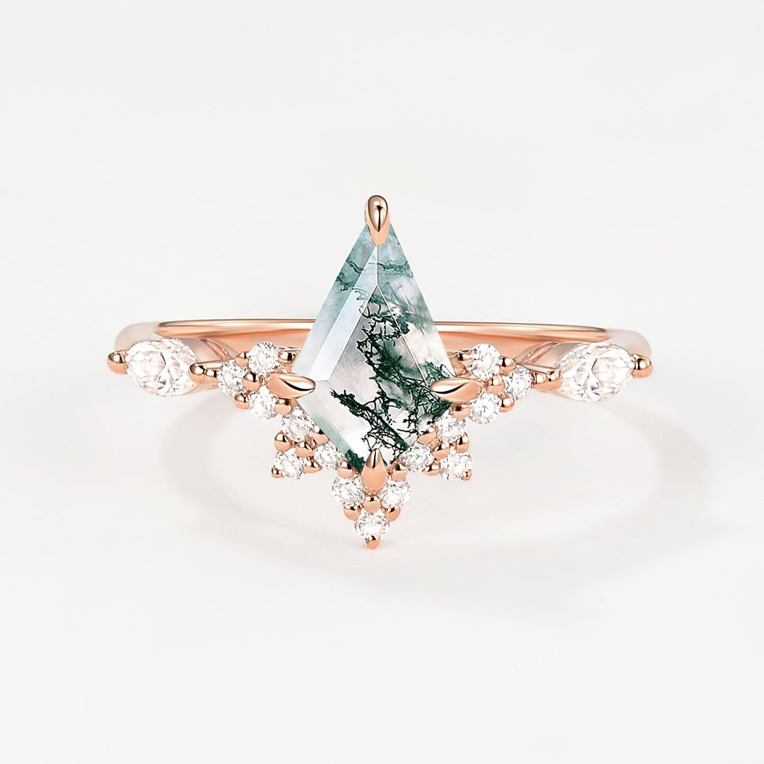 Unique Moss Agate Stacking Engagement Ring.