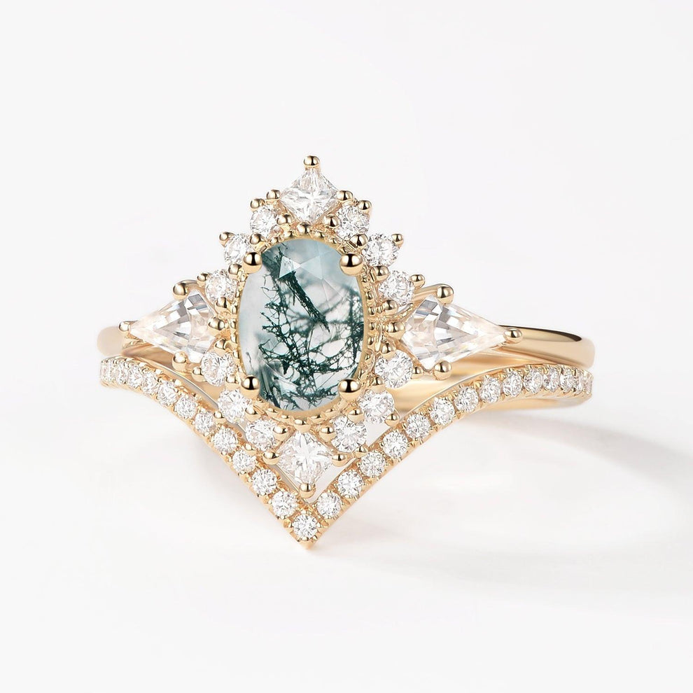 Aadhya Oval Moss Agate Halo Ring Set 2pcs.