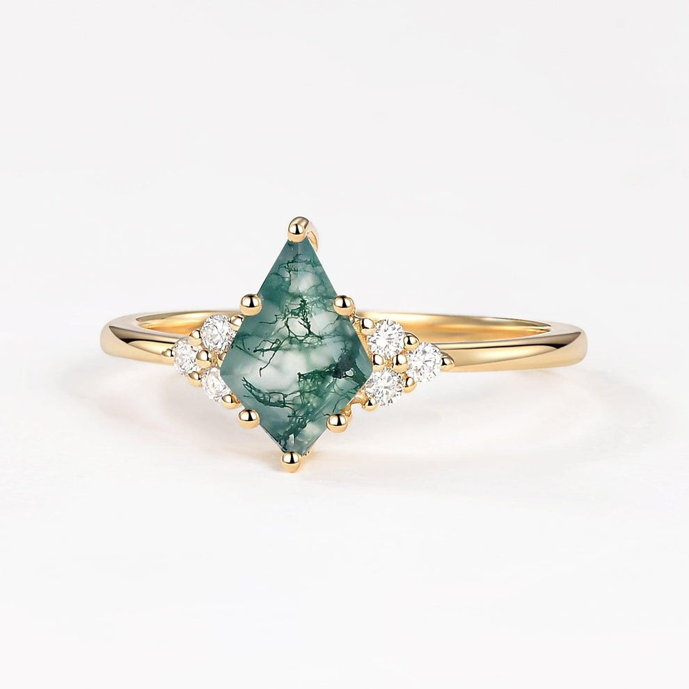 Unique Moss Agate Kite Cut Engagement Ring.